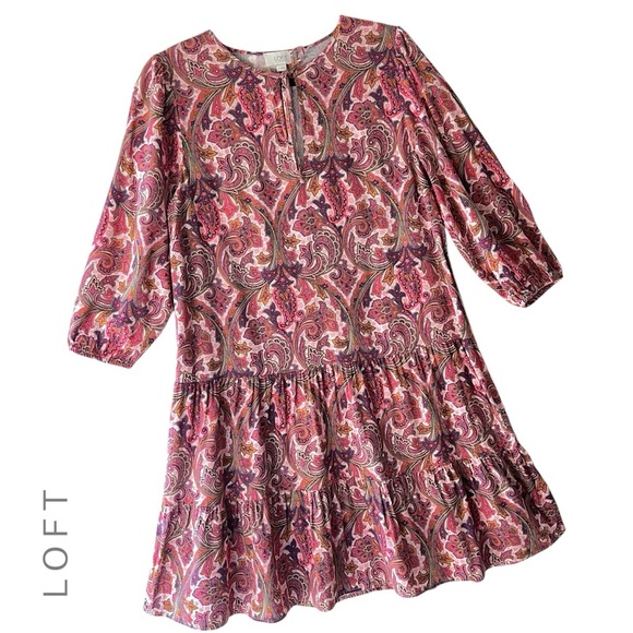 LOFT | NWOT PINK PAISLEY DROP WAIST TIERED RUFFLE DRESS BOHO COTTON BLEND SMALL - Picture 1 of 10